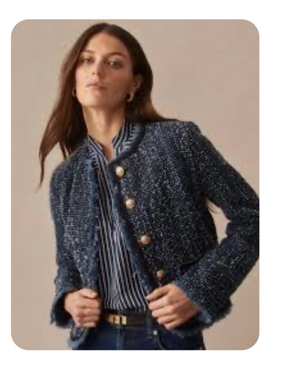 Cropped Navy Tweed Button-Front Jacket
